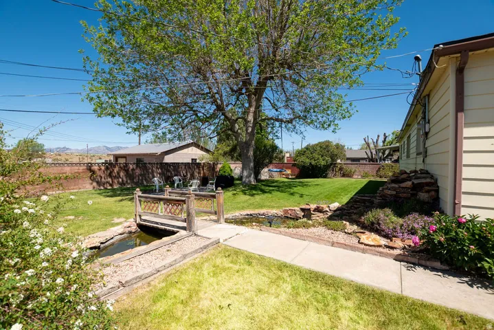 Expansive backyard featuring a large mature tree, a decorative bridge over a water feature, and a paved pathway