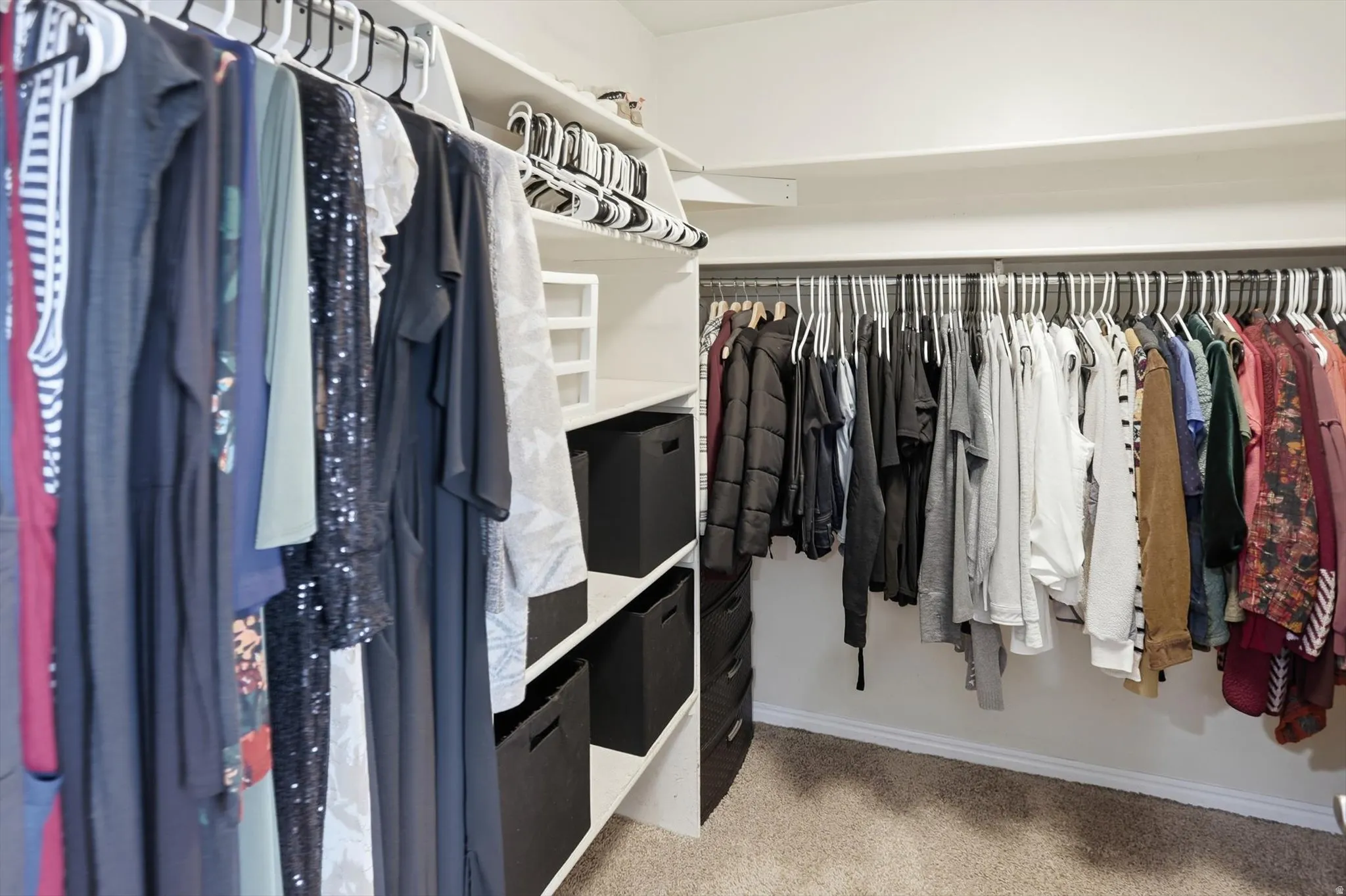 Walk in closet with light carpet