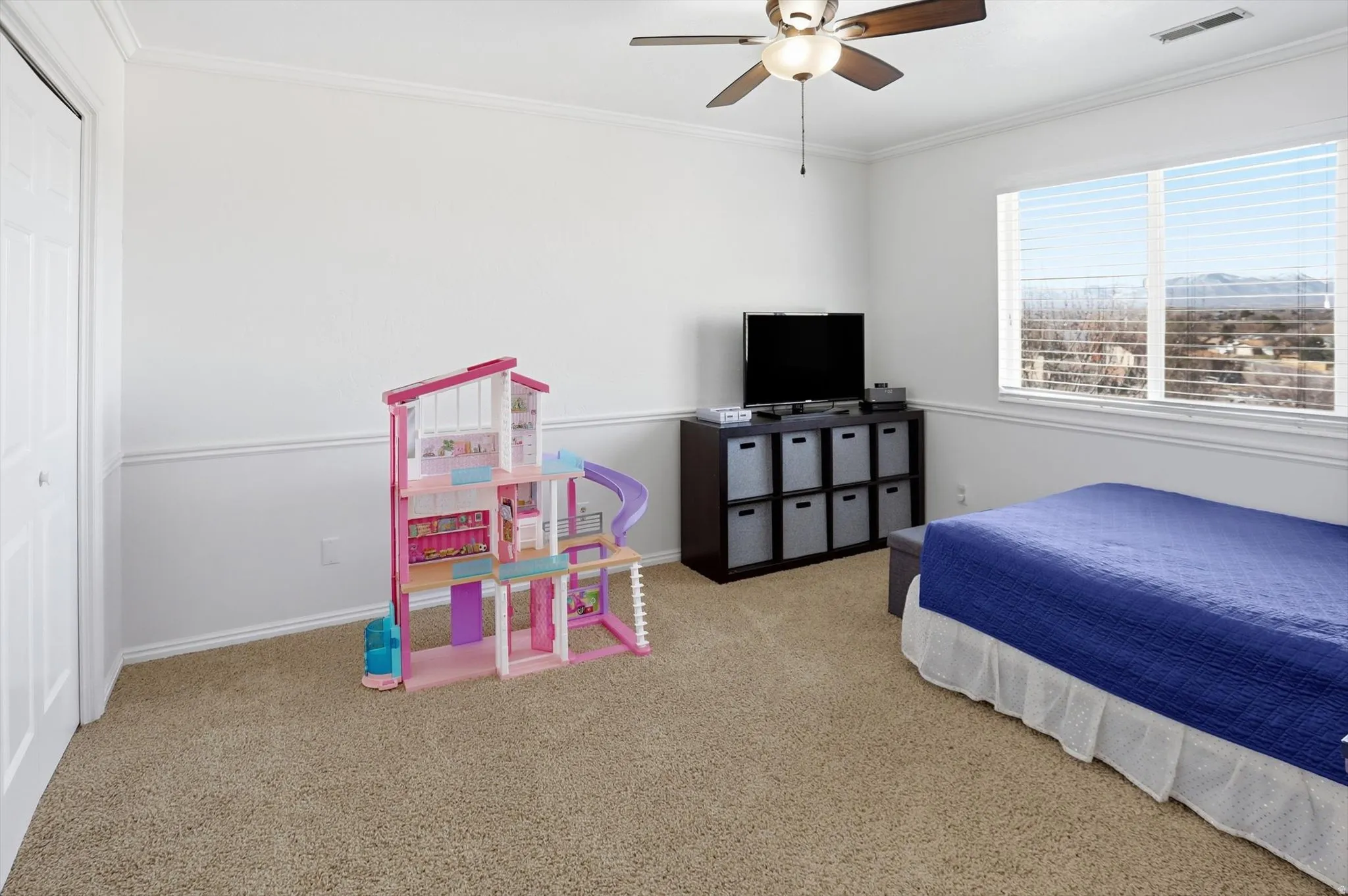 Bedroom featuring carpet floors, crown molding, a ceiling fan, and a closet
