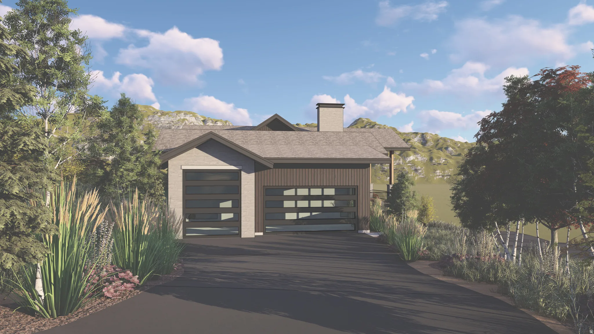 View of front of house featuring a chimney, roof with shingles, an attached garage, driveway, and a mountain view