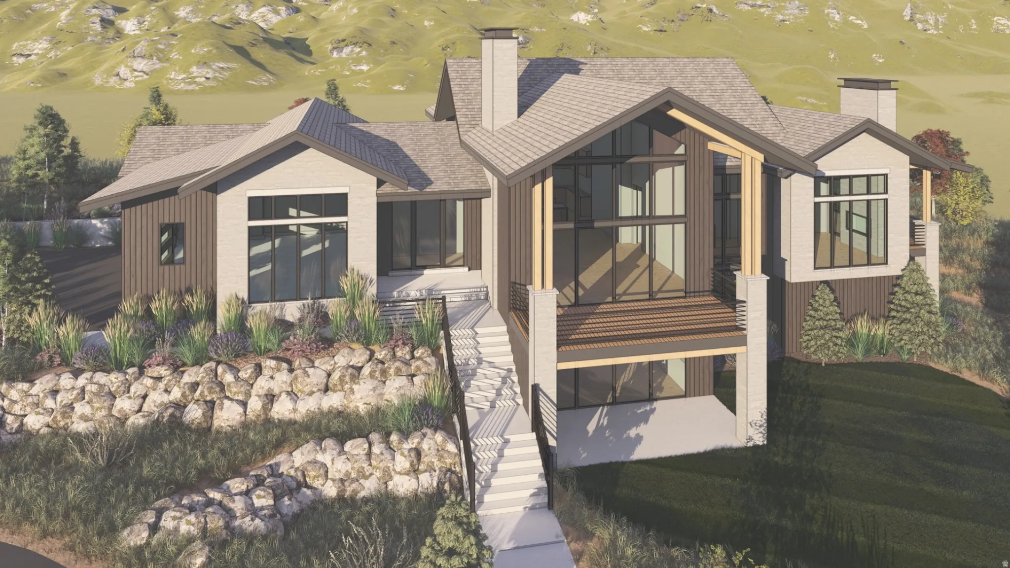 View of front of house with a chimney and golf course view