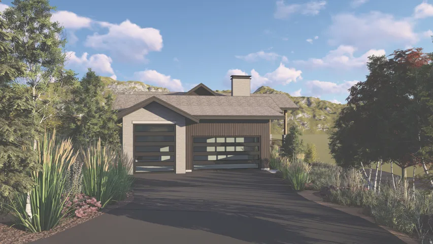 View of front of house featuring a chimney, roof with shingles, an attached garage, driveway, and a mountain view