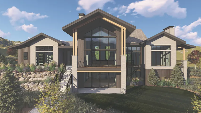 Rear view of property with a chimney, a balcony, a patio, and a lawn