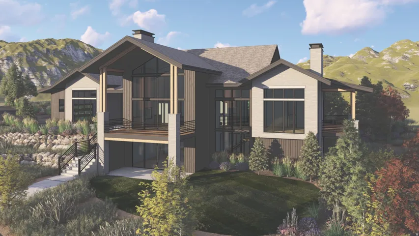 Back of property featuring a chimney, a mountain view, a sunroom, a shingled roof, and a yard