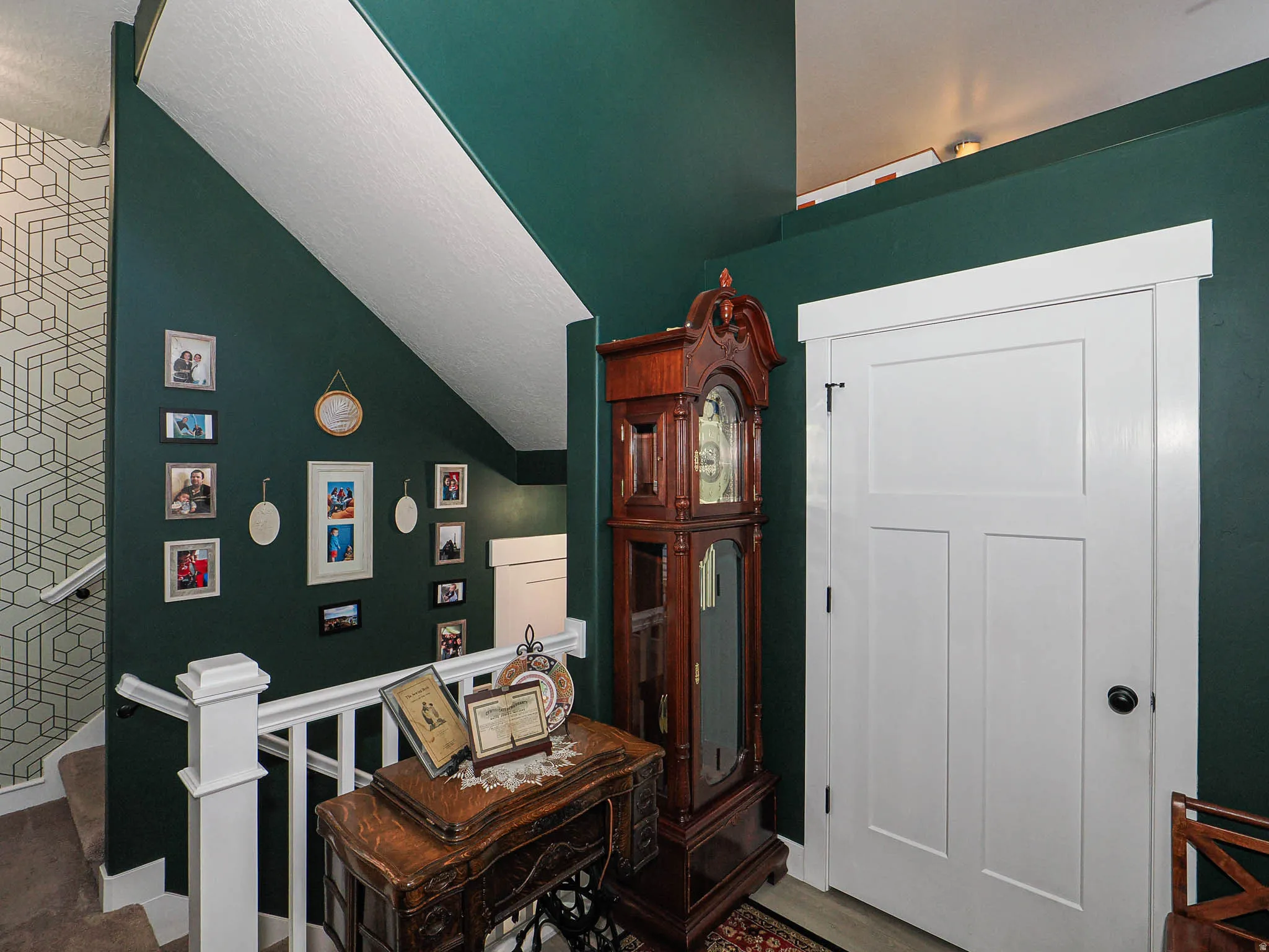 Office area featuring lofted ceiling