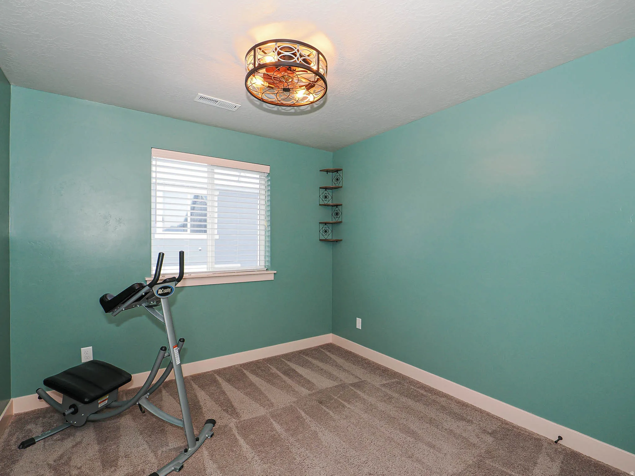 Workout area featuring a textured ceiling and carpet