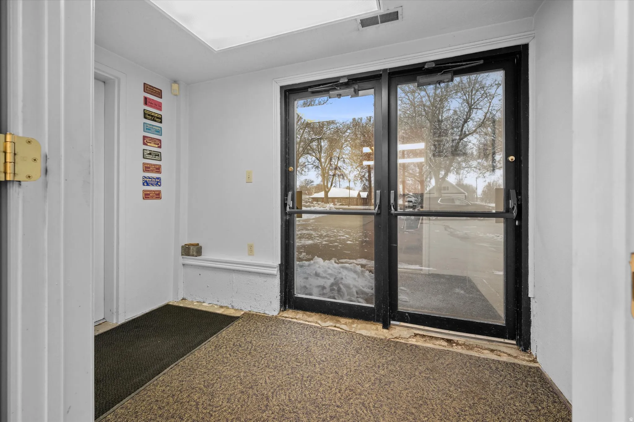 Double doorway with a street view leading to reception area or garage