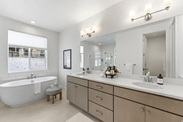 Bathroom featuring a stall shower, double vanity, a freestanding tub, and recessed lighting