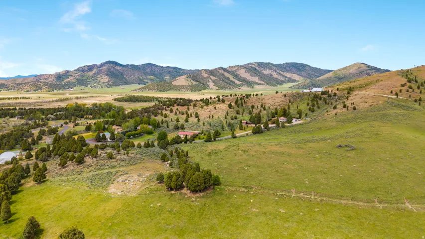 Expansive land parcel featuring open fields, scattered mature trees, and mountainous terrain