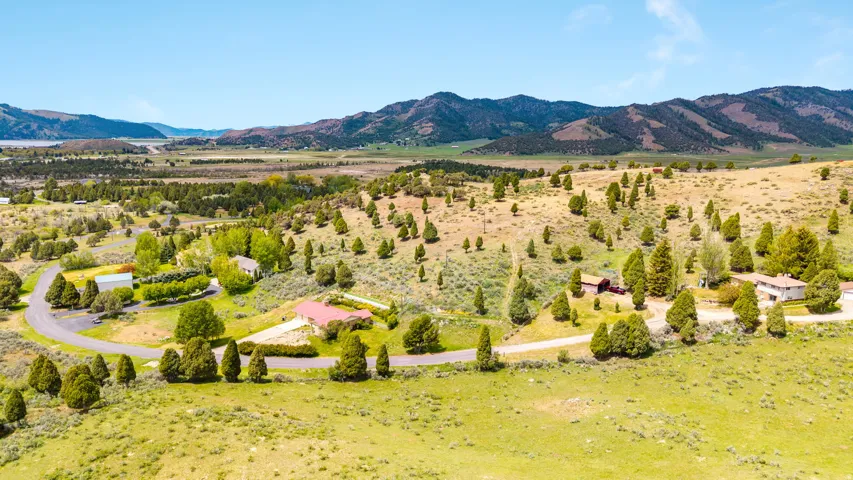 Expansive rural setting featuring rolling hills, scattered evergreen trees, and distant mountains