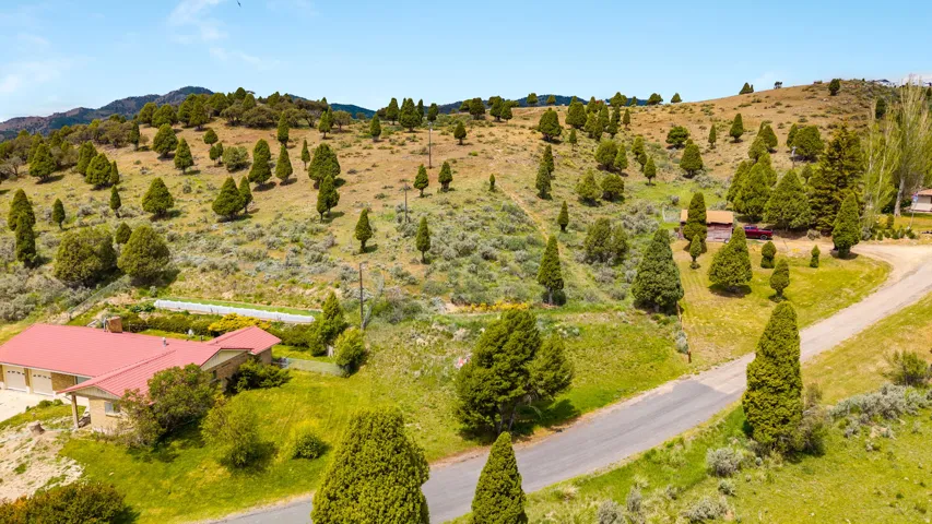 Spacious property featuring a single-story residence with an attached garage, red metal roofing, and a paved driveway