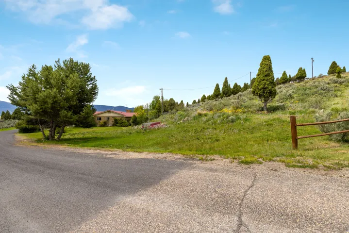 Paved driveway with a partial wooden fence and natural landscaping featuring mature trees and shrubs