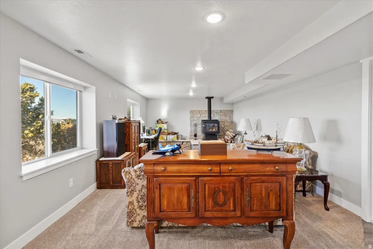 Office featuring a wood stove and carpet flooring