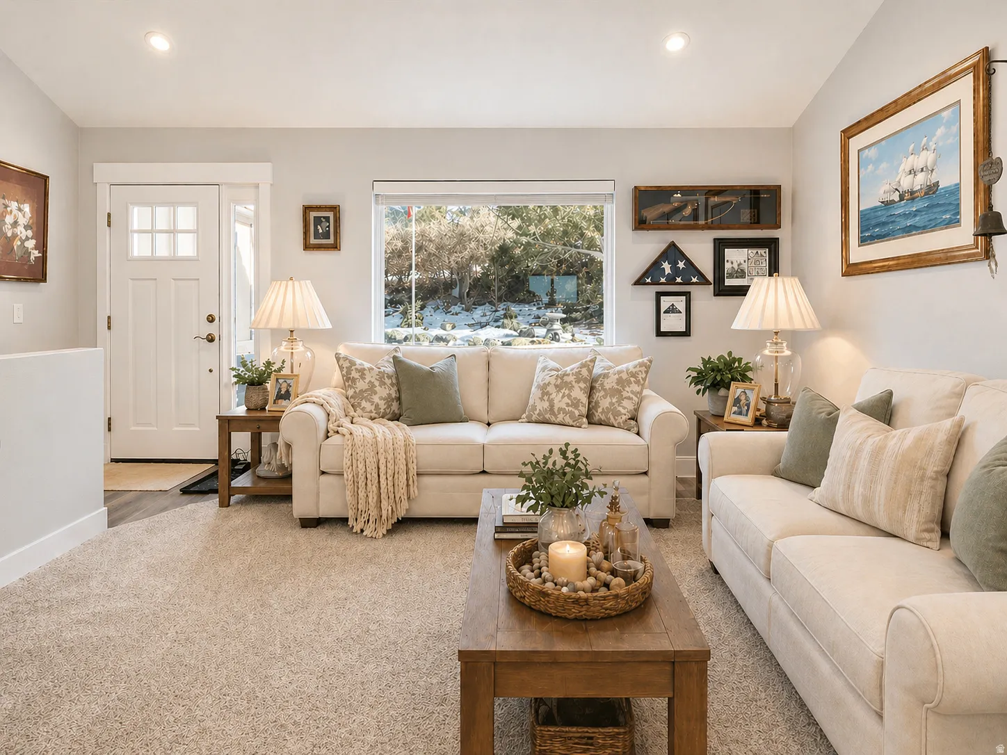 Carpeted living area with lofted ceiling and recessed lighting