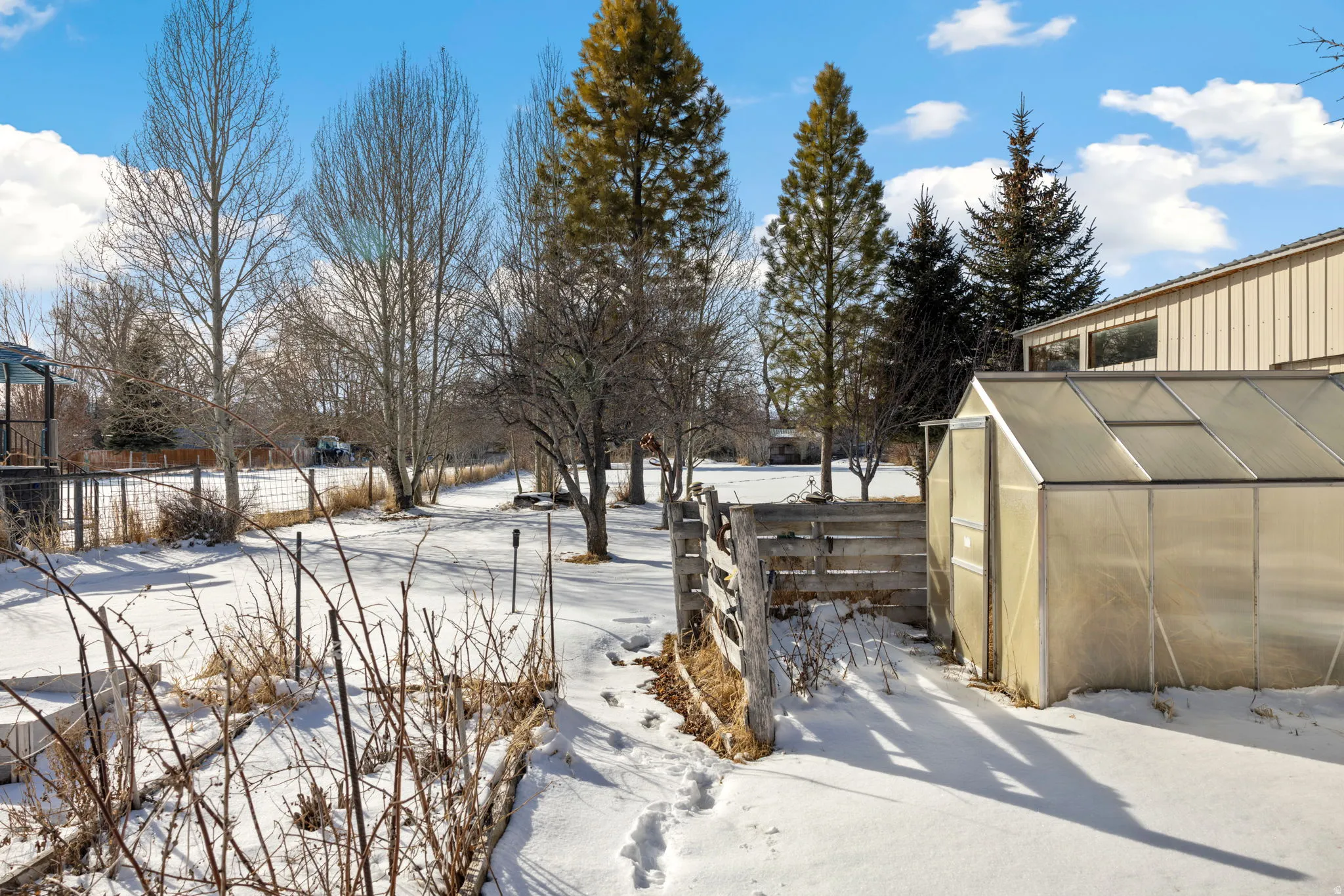 Snowy yard featuring an exterior structure and an outbuilding