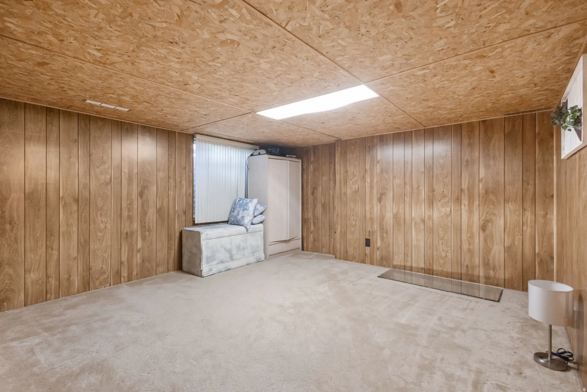 Finished basement featuring carpet and wood walls