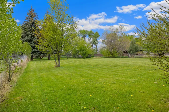 Expansive green lawn with mature trees and perimeter fencing