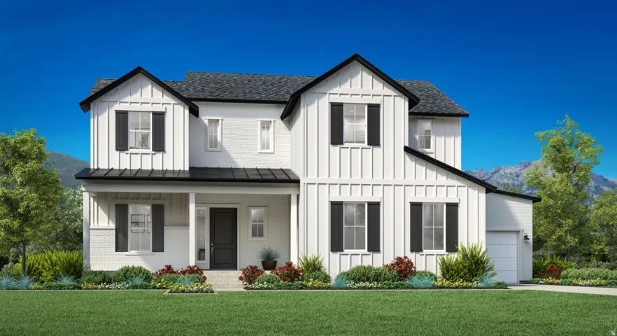 Modern inspired farmhouse with board and batten siding, a mountain view, a front yard, and covered porch