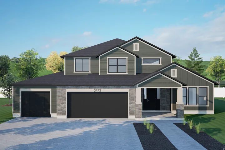 Craftsman inspired home featuring stone siding, driveway, an attached garage, and roof with shingles