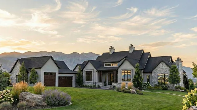 French provincial home with a chimney, stone siding, a front yard, and an attached garage