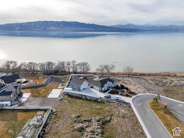 Aerial view of a water and mountain view