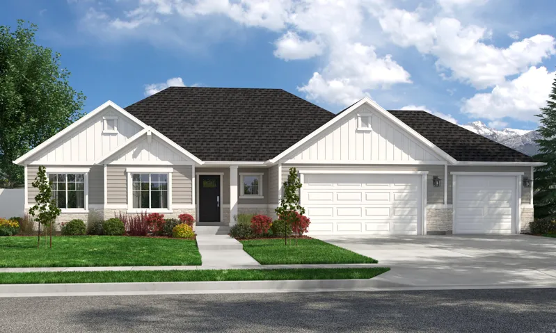 Craftsman house featuring board and batten siding, a garage, a front lawn, and driveway