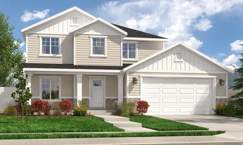 Craftsman inspired home with board and batten siding, stone siding, roof with shingles, and driveway