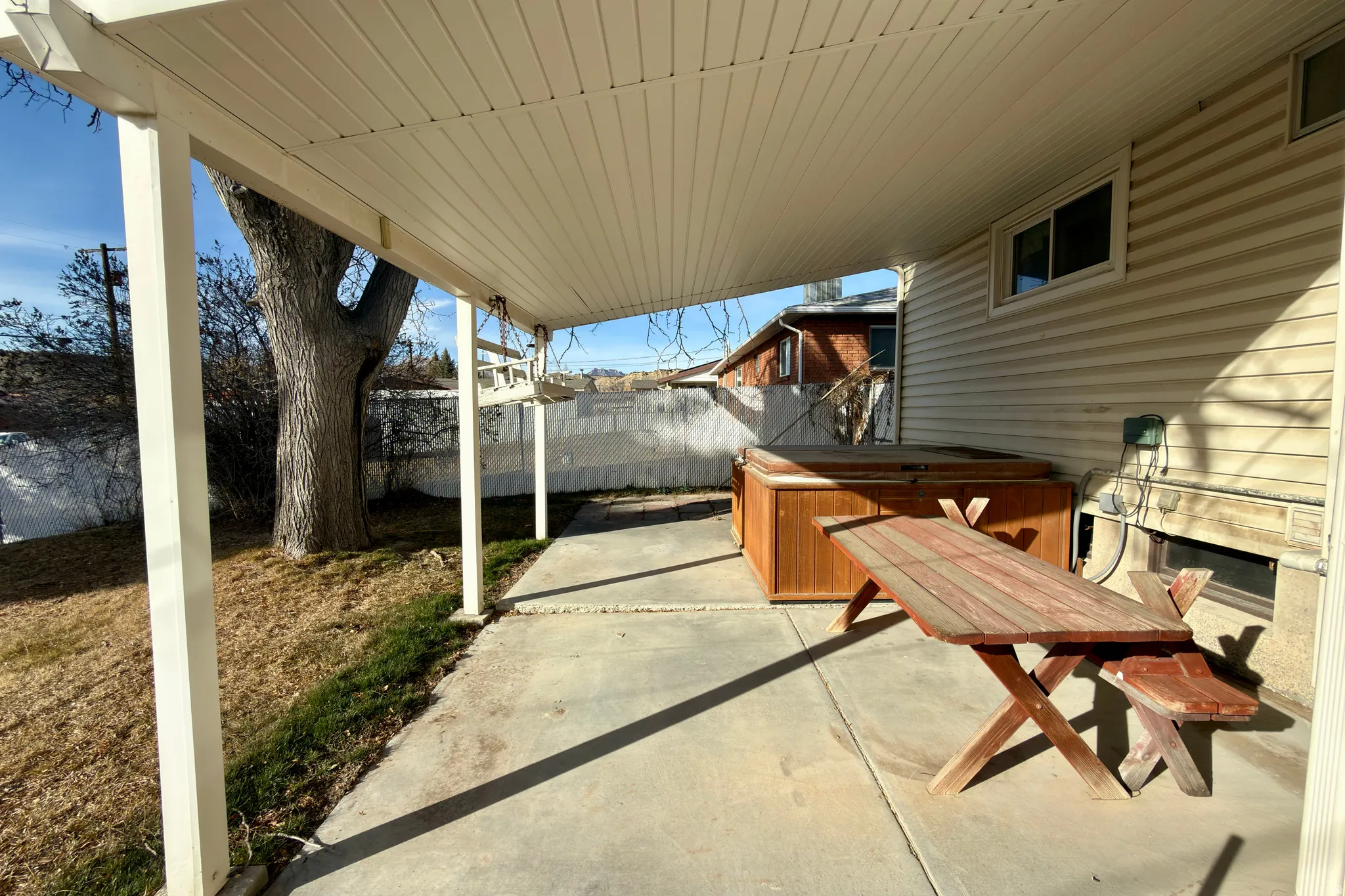 Covered patio in the backyard.