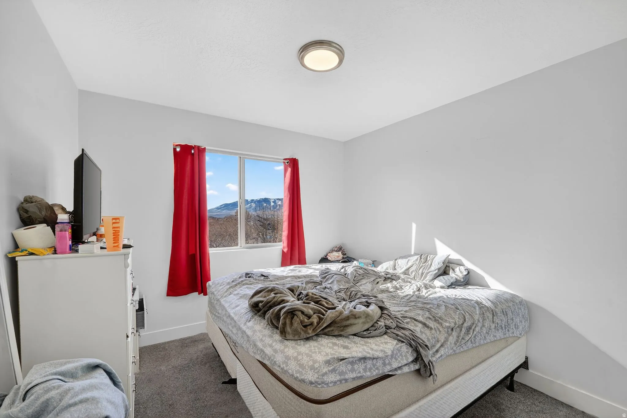 Carpeted bedroom featuring baseboards