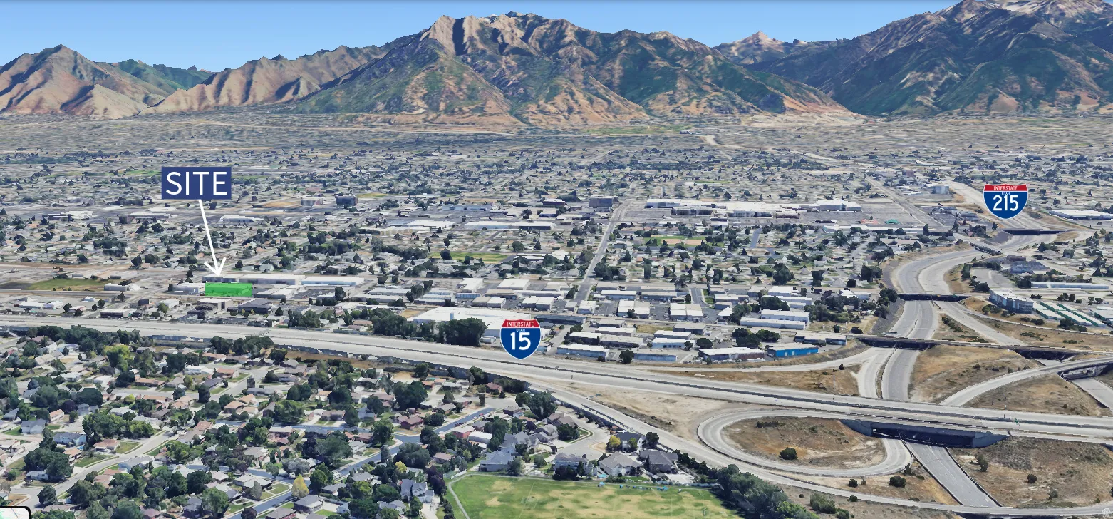 Aerial view of residential area with mountains