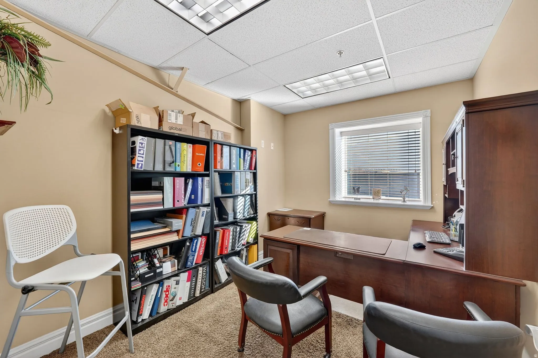 Office space with light colored carpet and a drop ceiling