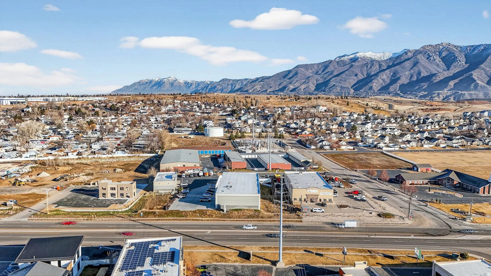 Drone / aerial view of a mountainous background