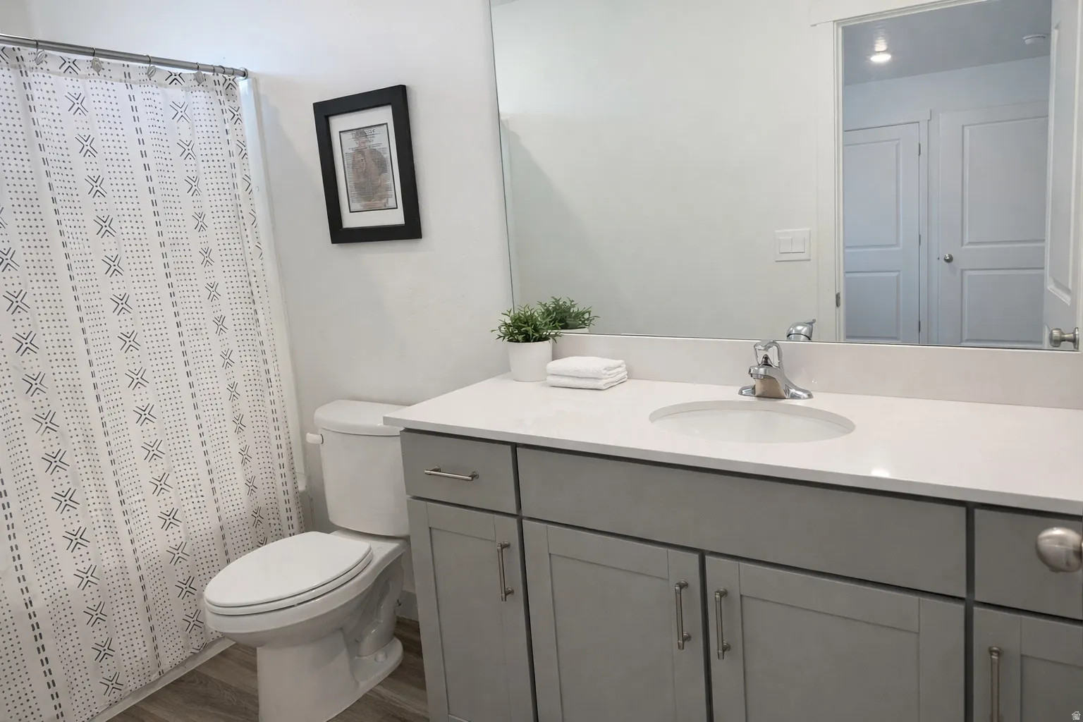 Full bath featuring vanity, a shower with shower curtain, and dark wood-style flooring