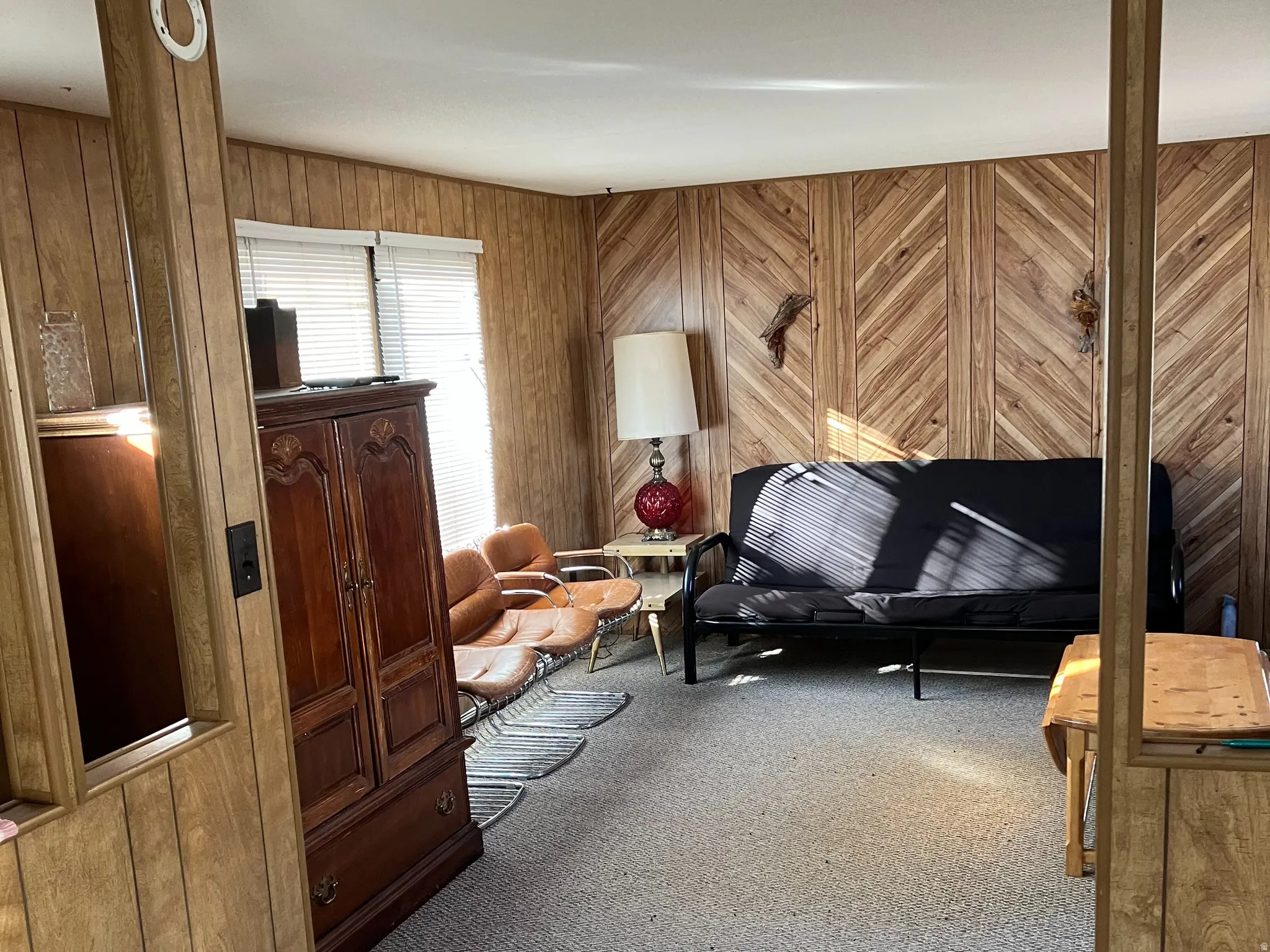 Carpeted living room featuring wood walls