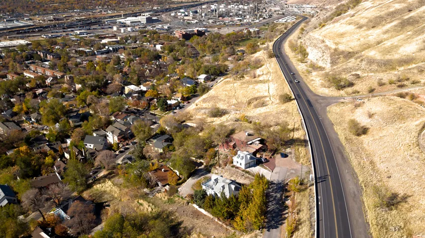 Aerial overview of property's location with nearby suburban area