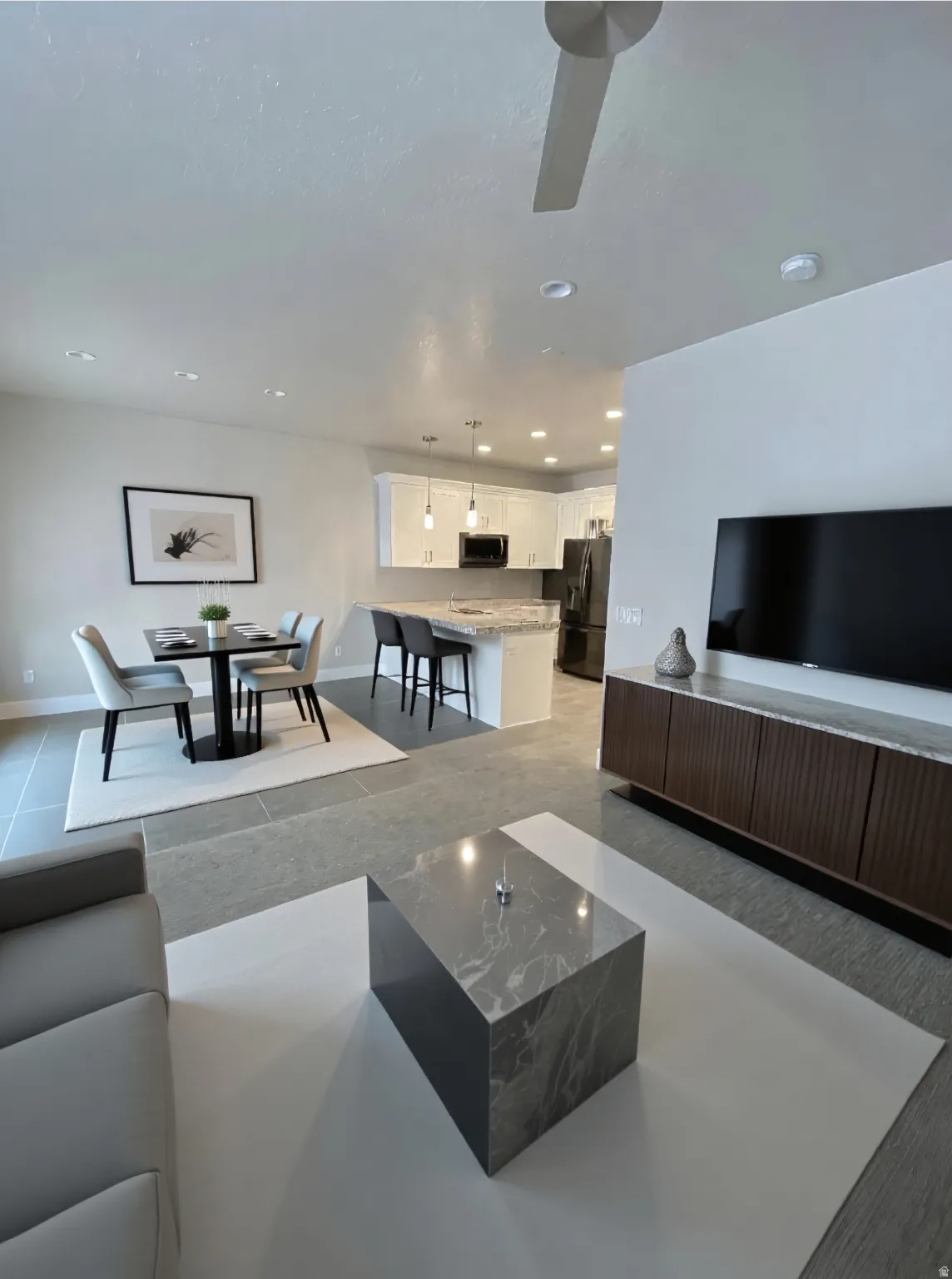 AI Photo of family room and kitchen area