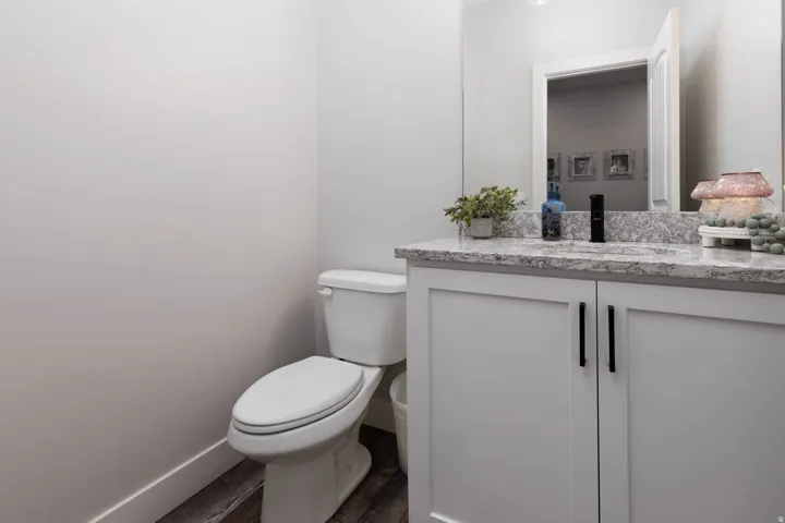 Bathroom with vanity and dark wood-style floors