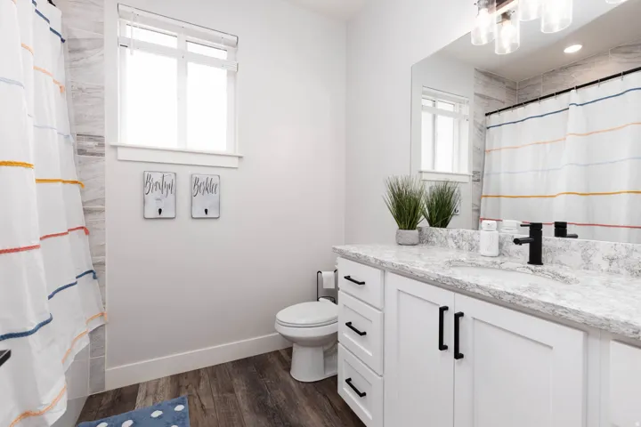 Bathroom featuring vanity, a shower with curtain, and dark wood-style floors
