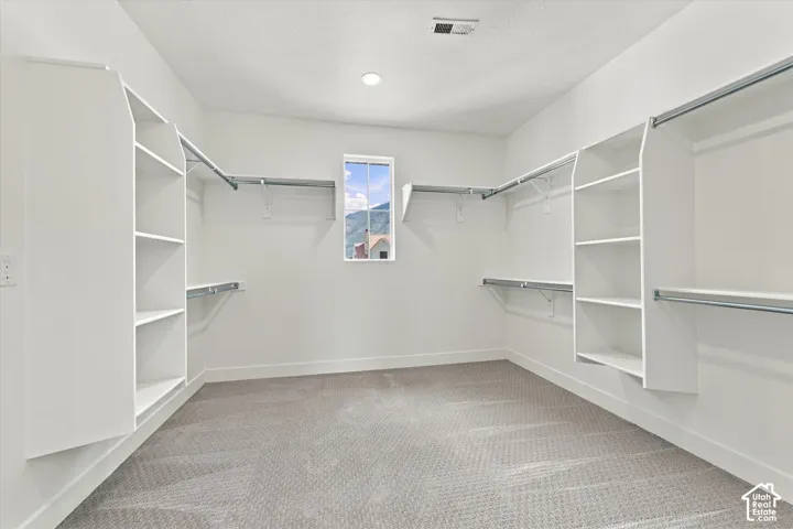 Walk-in closet featuring white built-in shelving, integrated hanging rods, wall-to-wall carpeting, and a central window