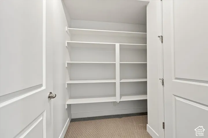 Storage area featuring four tiers of built-in white shelving and neutral textured carpeting