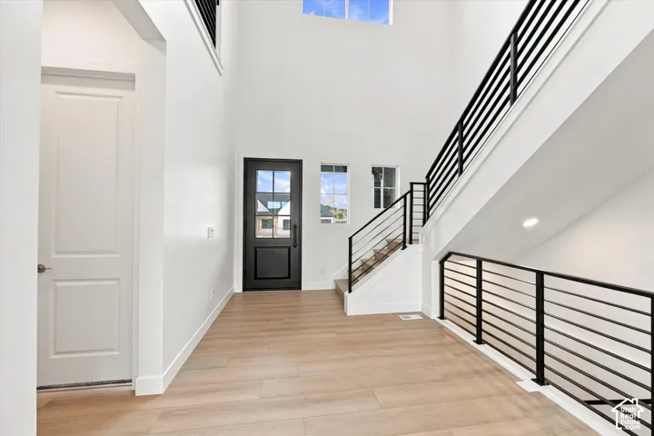 Entryway featuring a double-height ceiling, wood-finish flooring, metal staircase railing, and a black-framed entry door with paneled glass