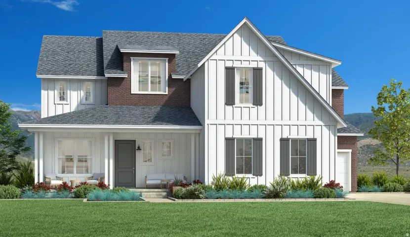 Exterior colors and materials vary - Modern farmhouse style home featuring board and batten siding, a front yard, roof with shingles, covered porch, and a mountain view