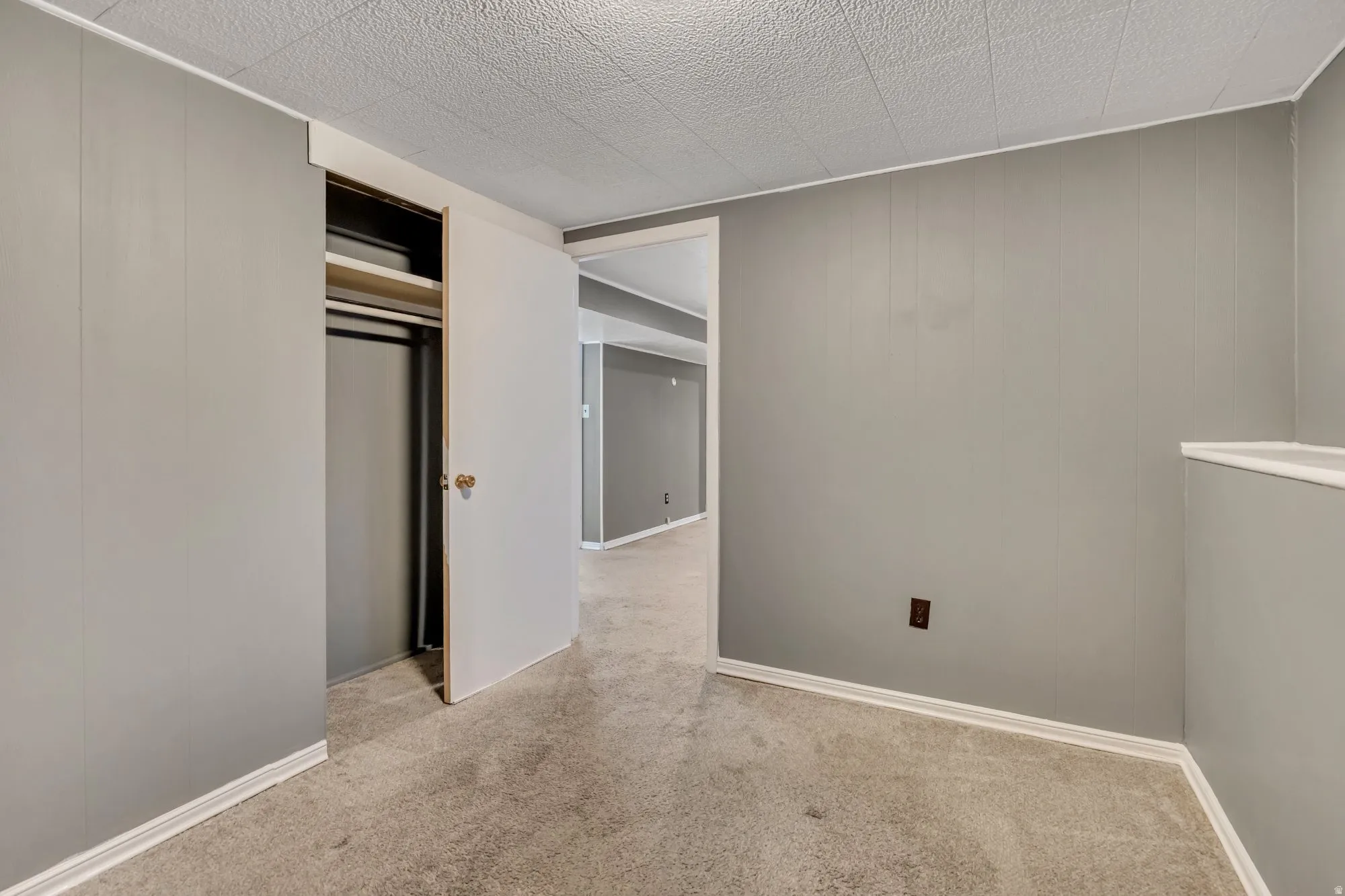 Basement bedroom with closet and neutral finishes, offering comfortable separation from the main living areas.