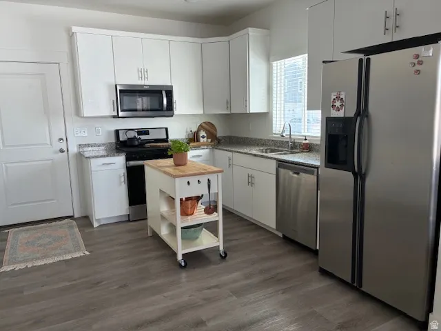 Kitchen with stainless steel appliances, white cabinetry, dark wood finished floors, and light stone countertops
