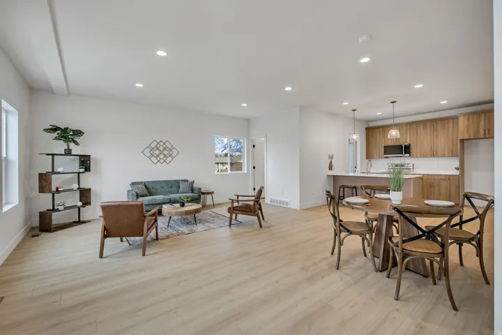 Dining area featuring recessed lighting and light wood-style floors