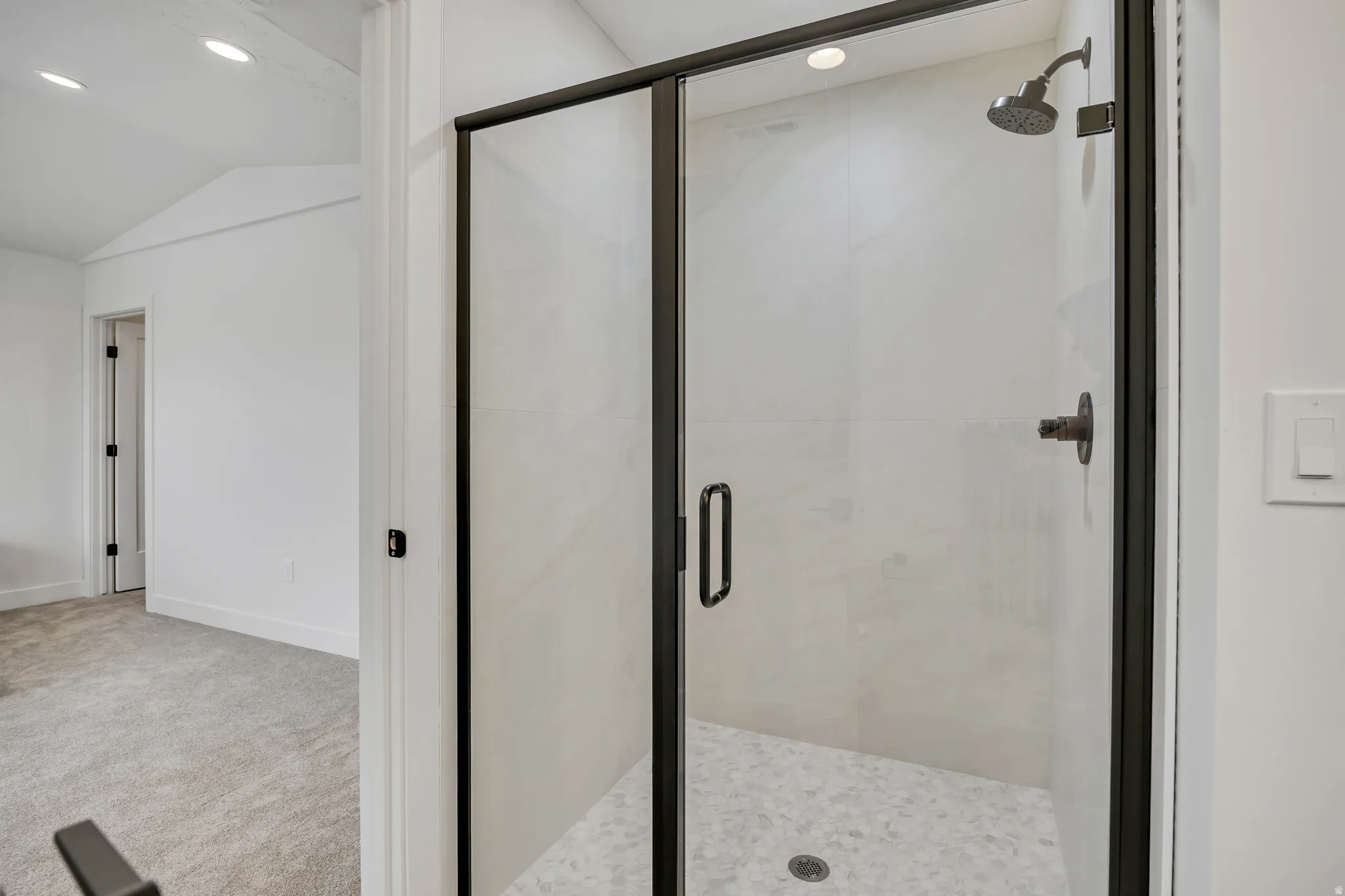 Full bathroom with a stall shower, carpet, lofted ceiling, and recessed lighting