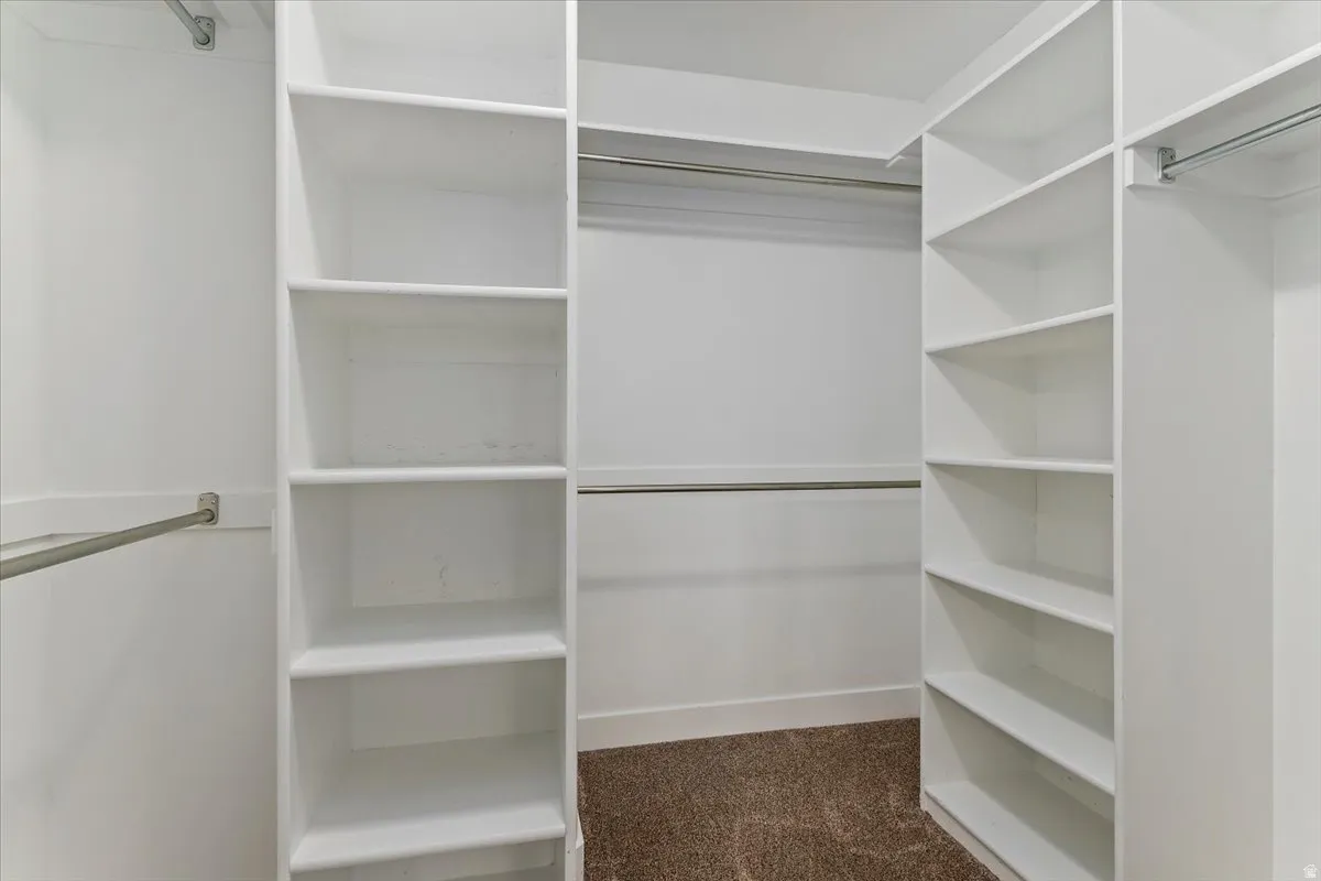 Walk in closet with dark colored carpet