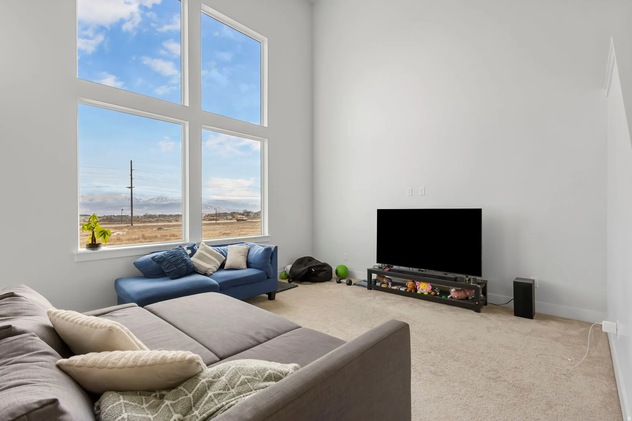 Living area with a high ceiling, carpet flooring, and plenty of natural light