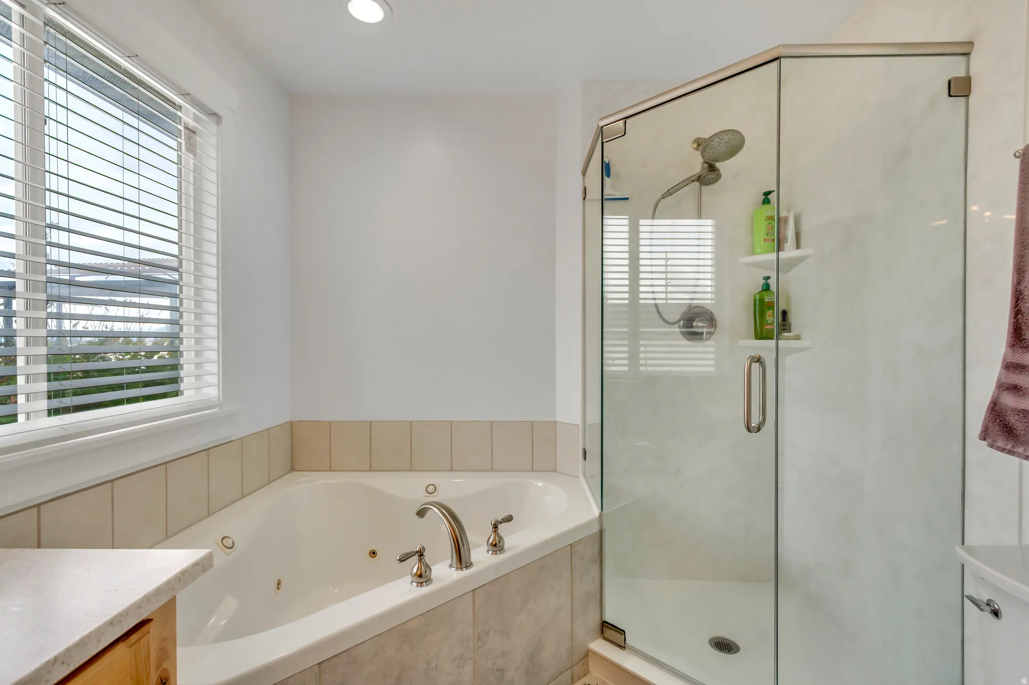 Full bath featuring vanity, plenty of natural light, a jetted tub, a shower stall, and recessed lighting