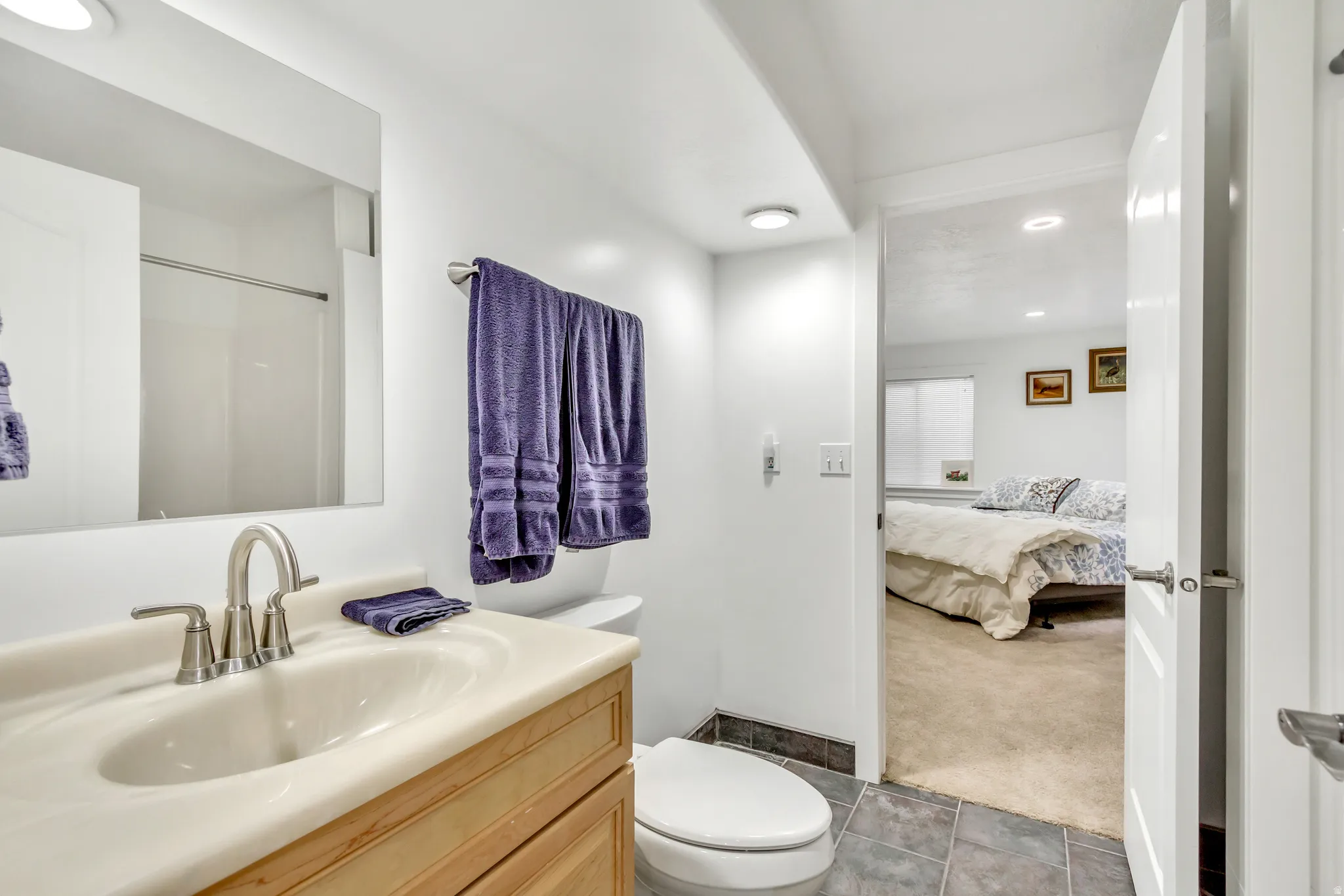 Full bath featuring light carpet, vanity, recessed lighting, ensuite bath, and a shower